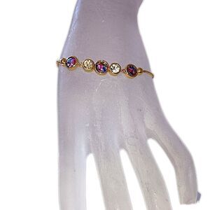 Rhinestone Bolo Bracelet‎ Adjustable Bezel Set Confetti Gold Tone Multi Color